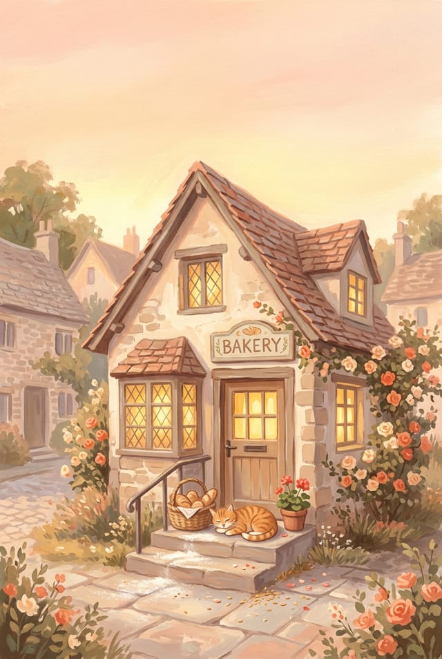 Illustrated cover of a small village bakery at dawn with a sleeping orange cat on the doorstep