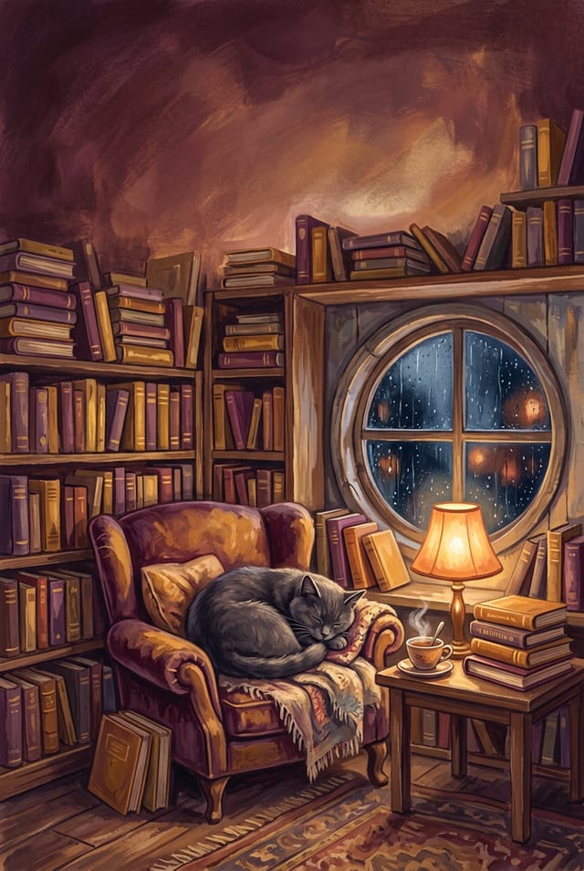 Illustrated cover of a cozy bookshop corner with a grey cat asleep in an armchair