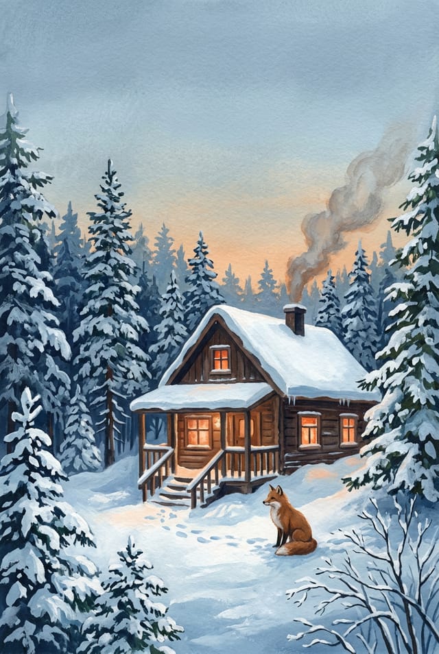 Illustrated cover of a snowed-in cabin with glowing windows and a fox in the snow