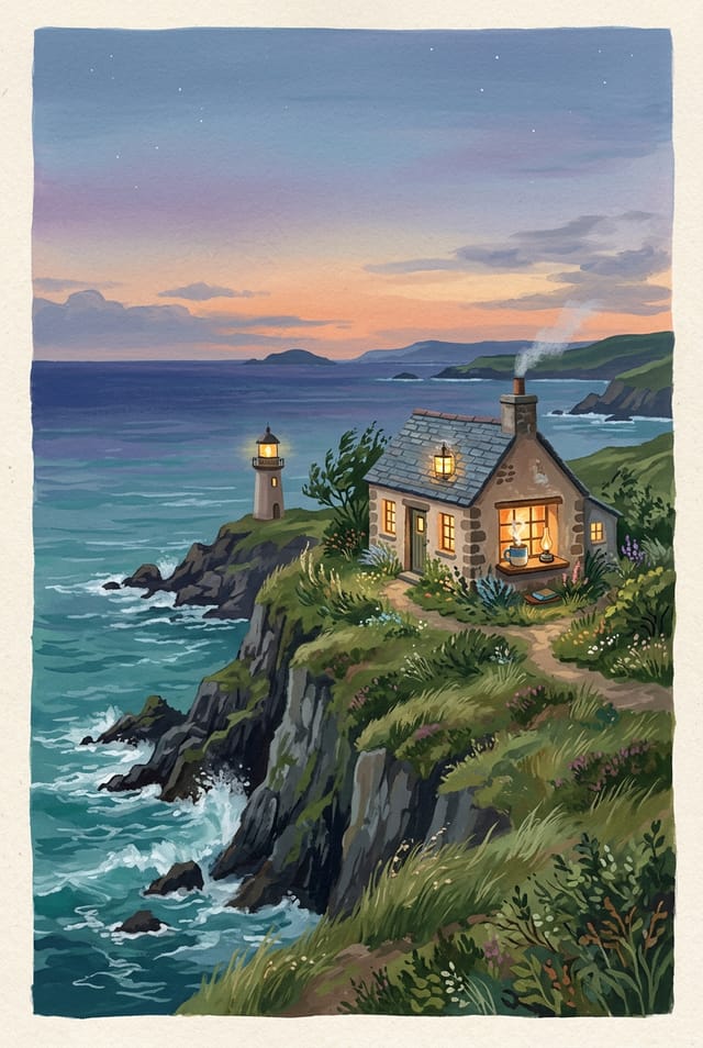 Illustrated cover of a cliff-top cottage and lighthouse at dusk with a lit window