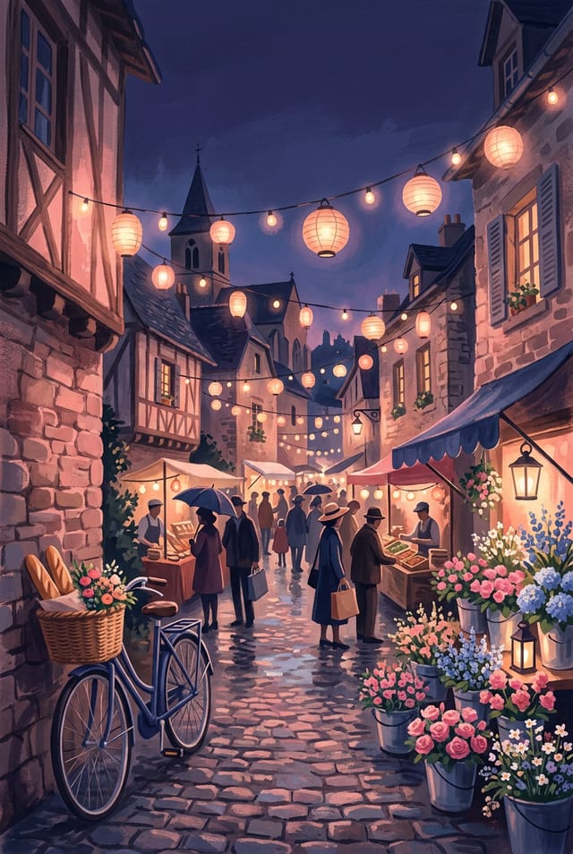 Illustrated cover of a lantern-lit night market street with a bicycle and flower stalls