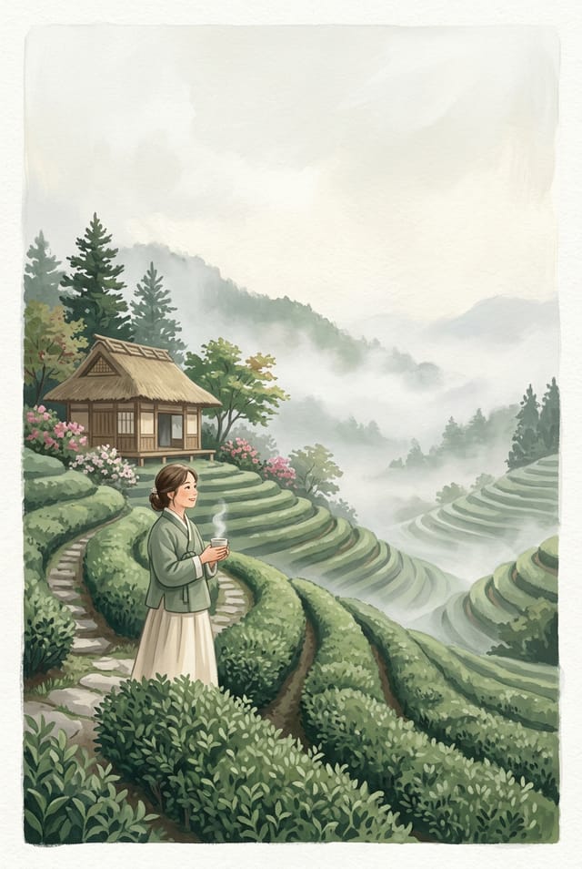 Illustrated cover of a misty tea garden with a woman holding a steaming cup